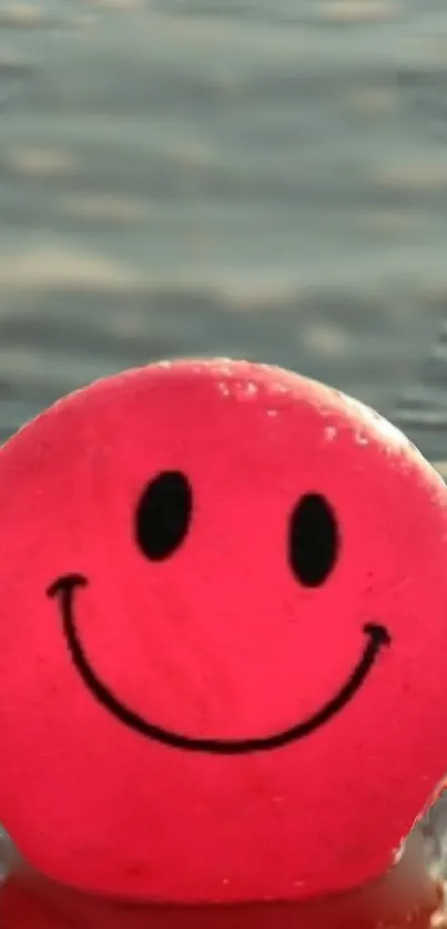 Pink smiling face floating on water surface.