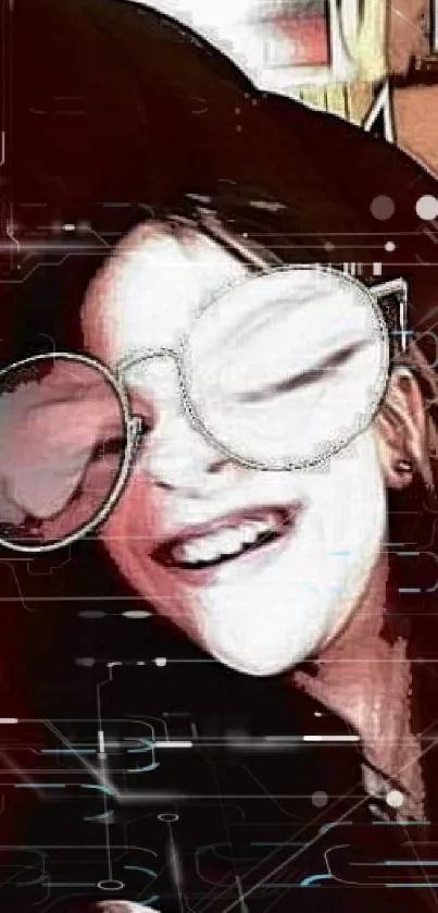 Smiling face with oversized glasses in digital art style.