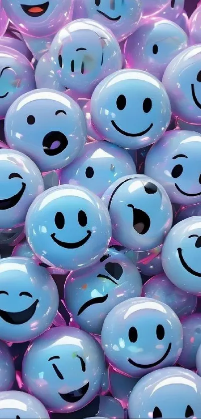 Vibrant wallpaper full of smiling blue bubbles.