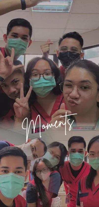 Group selfie with masks and smiles, showcasing joy and camaraderie.