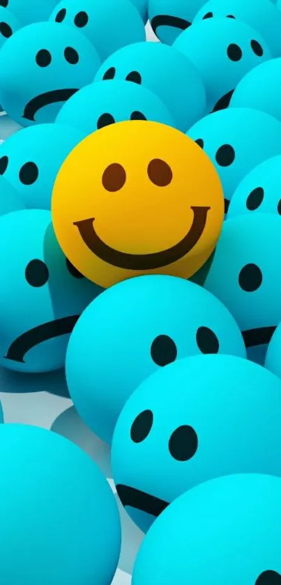 Yellow smiley face surrounded by blue sad faces on wallpaper.