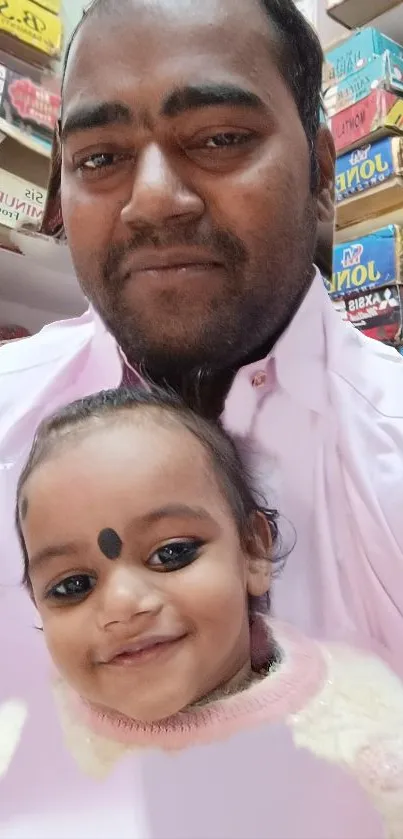 Smiling father and child in a store setting with colorful backgrounds.