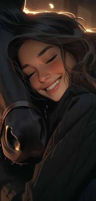 Artistic portrait of a girl hugging a horse, radiating warmth and joy.