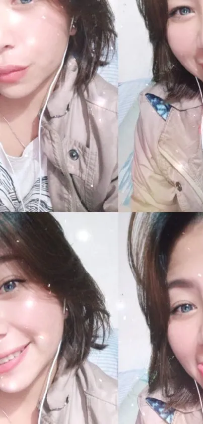 Four images of a smiling girl in a collage, wearing headphones and a casual jacket.