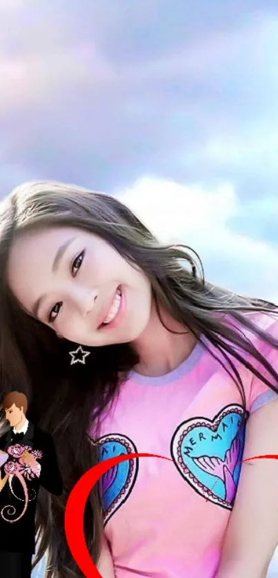 Smiling girl with a cartoon-style heart shirt against a colorful sky backdrop.