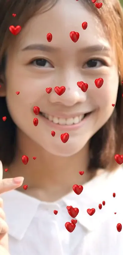 Smiling girl with floating red hearts wallpaper.