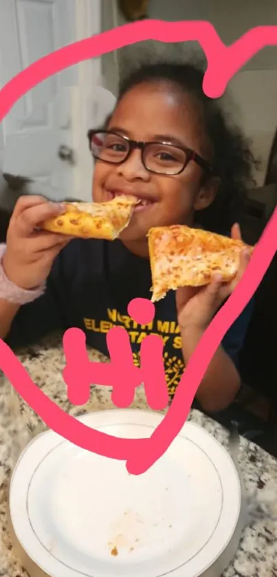 Girl enjoying a slice of pizza with a smile.