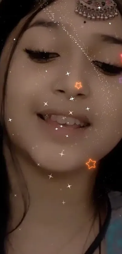 Smiling girl with colorful stars and glittery effects.