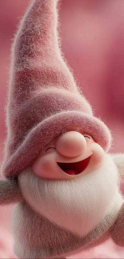 Joyful gnome in pink hat smiling cheerfully.
