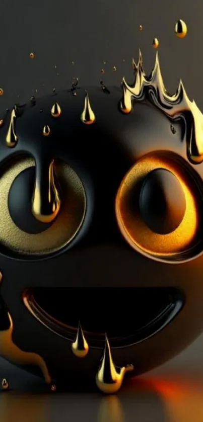 Smiling dark emoji with gold paint drip design.