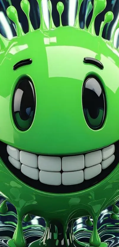 Smiling green cartoon character wallpaper for mobile.
