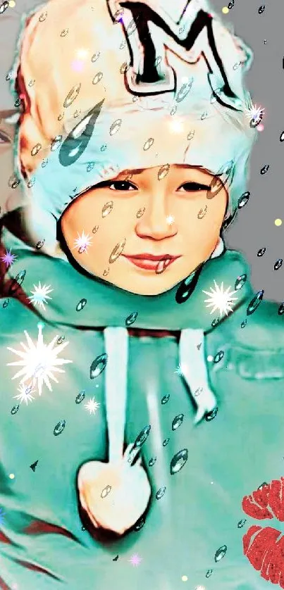 Artistic wallpaper of a smiling child in a colorful rain pattern.