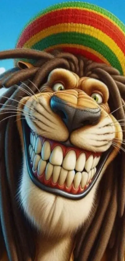 Cartoon lion with Rasta hat and dreadlocks, smiling widely.
