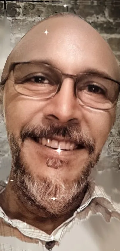 Smiling man with glasses and rustic brick background.