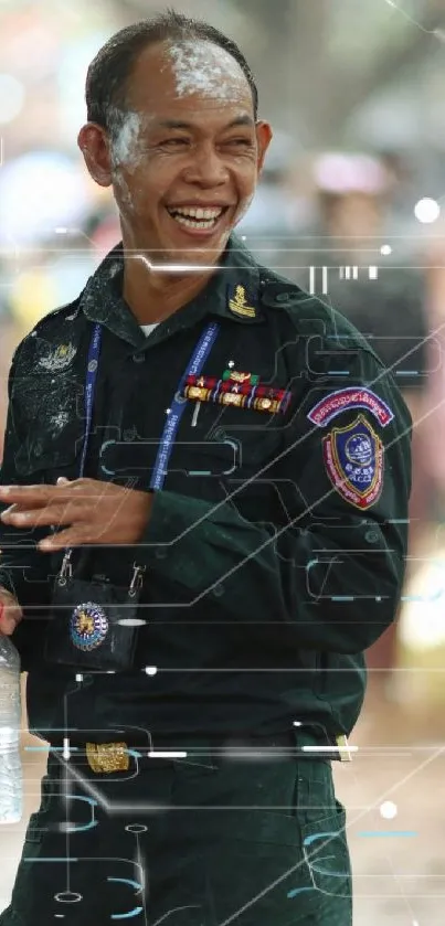 Man in uniform smiling while holding a bottle.