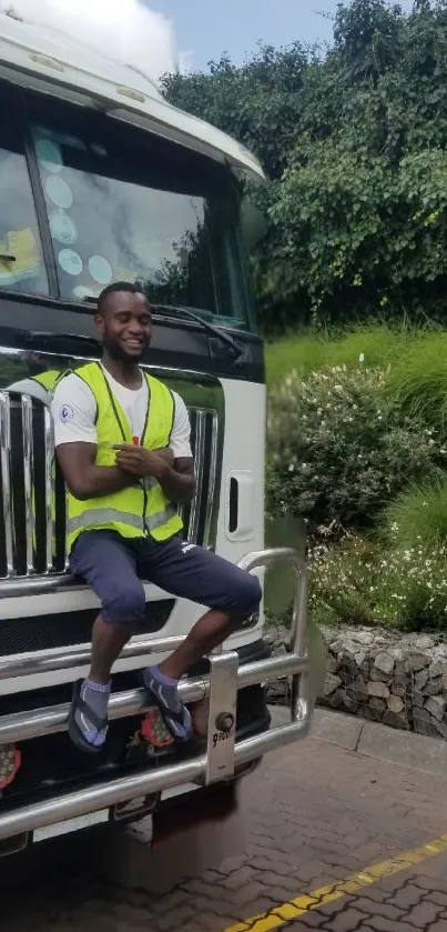 Man sitting on truck front in green vest with lush background.