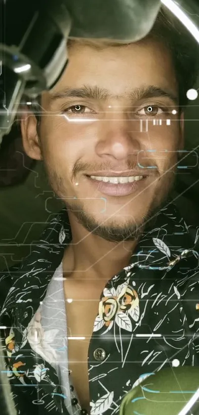 Smiling man illuminated by a ring light, wearing a floral shirt in a cozy setting.