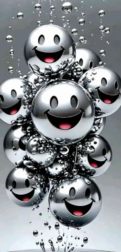 Gleaming metallic spheres with smiling faces on a sleek background.