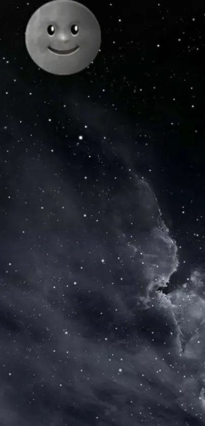 Smiling moon against a starry sky.