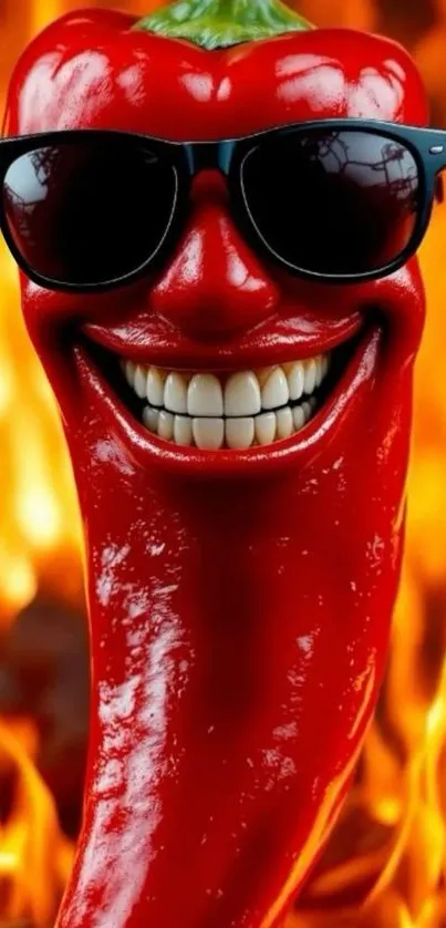 Smiling red pepper with sunglasses on fire backdrop.
