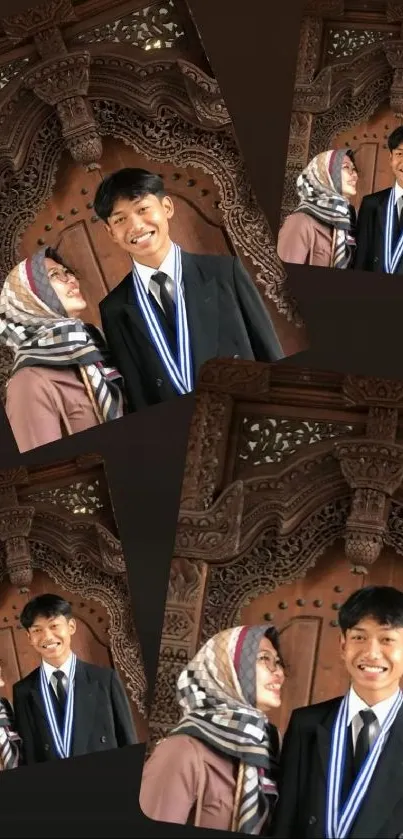 Smiling portrait collage with ornate wooden background.