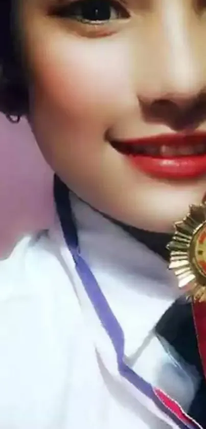 Smiling portrait with a medal in hand against a pink background.