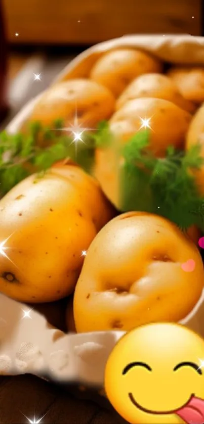 A basket of potatoes with sparkles and a smiling emoji.