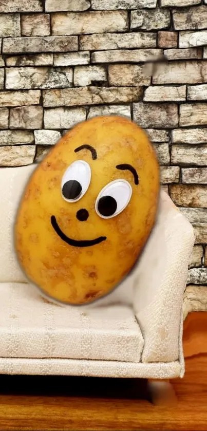 Smiling potato with googly eyes on a couch against brick wall background.