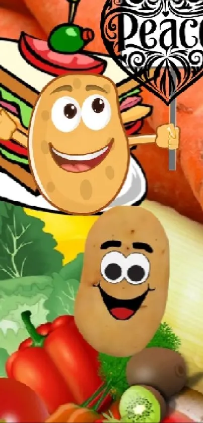 Cartoon potatoes and vegetables with peace sign in vibrant colors.