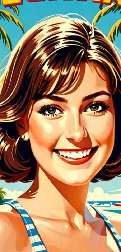 Retro beach art with a smiling woman in summer setting.