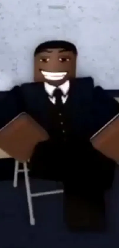 Smiling Roblox character in a black suit sitting on a chair.