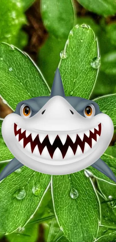 Cartoon shark smiling on a green leafy background with dew drops.