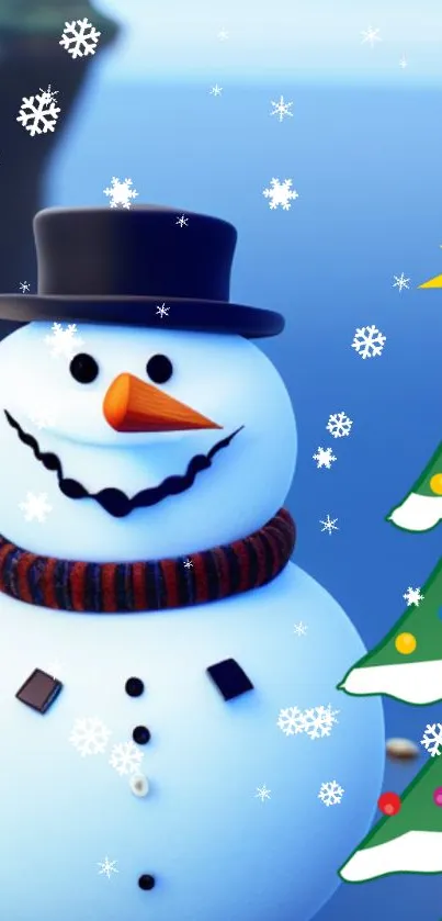 Cheerful snowman with festive tree and snowflakes.