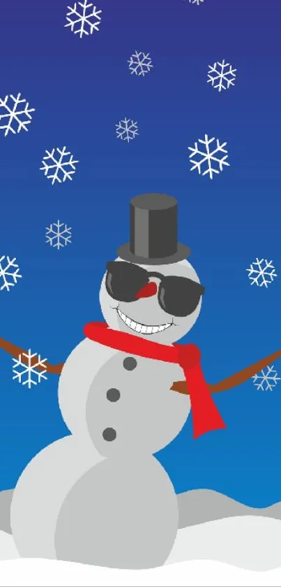 Cartoon snowman with sunglasses and snowflakes on blue background.