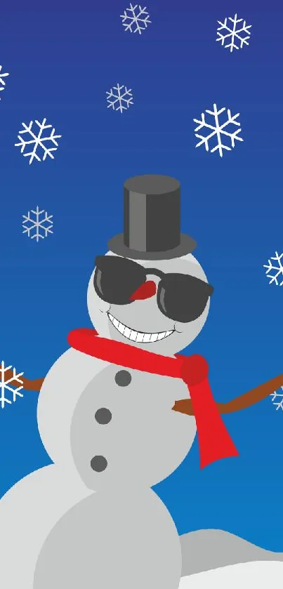 Snowman with sunglasses and snowflakes on a blue background.