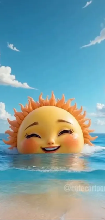 Smiling sun cartoon rising over ocean.