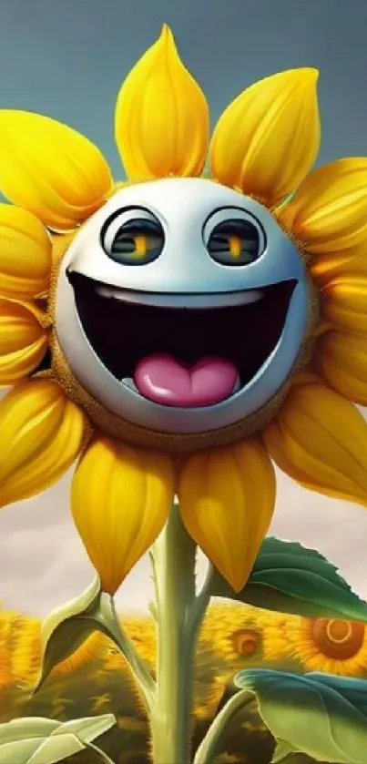 Smiling cartoon sunflower with yellow petals and happy face in a vibrant field.