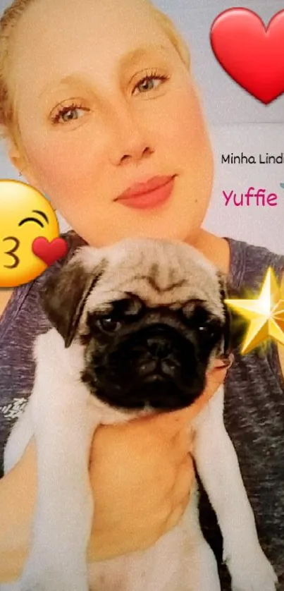 Smiling person with pug puppy and fun emojis on mobile wallpaper.