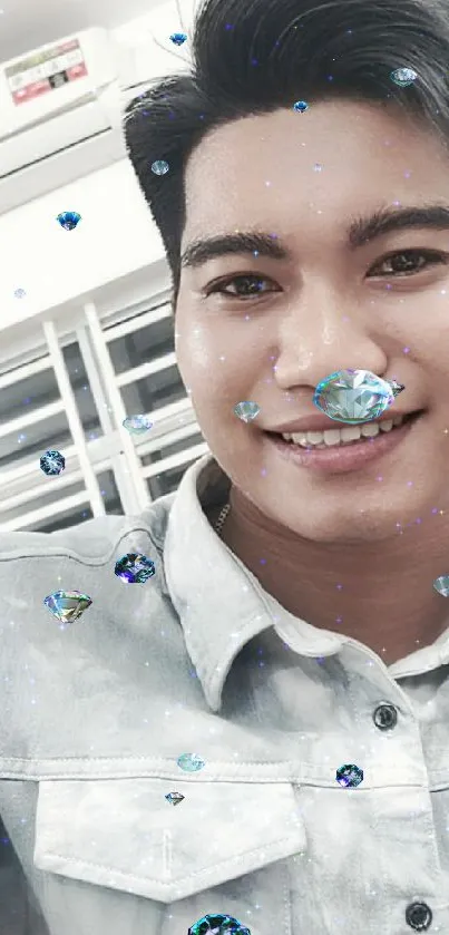 Smiling person surrounded by sparkling gems on a light background.