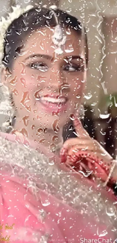 Smiling woman behind raindrops on a glass surface with pink and vibrant colors.