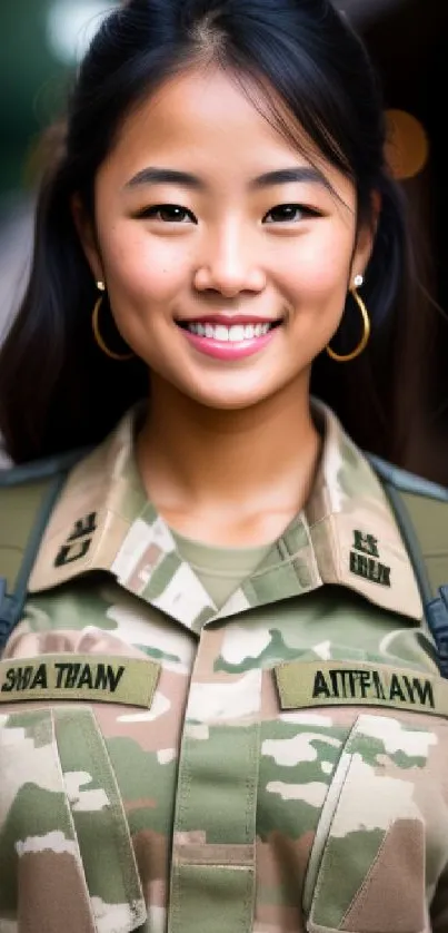 Smiling young woman in military uniform, inspirational portrait.