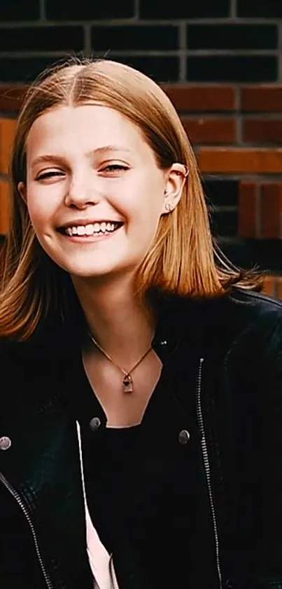 Young woman smiling against a brick background with a stylish black jacket.