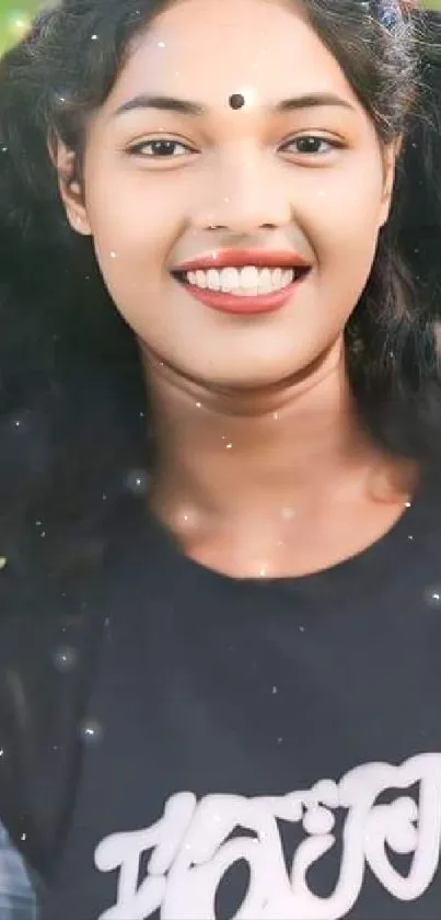 A woman smiling in an outdoor setting with sparkling effects and natural colors.