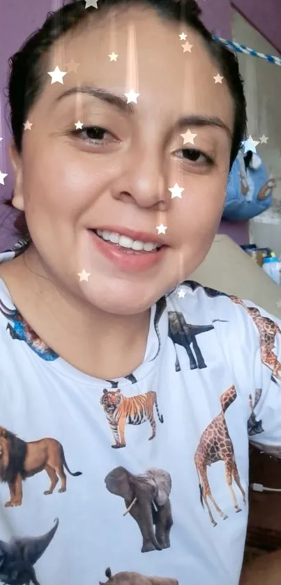 Woman smiling in animal print shirt, vibrant background.