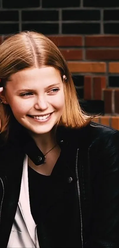 Smiling young woman in black jacket by brick wall.