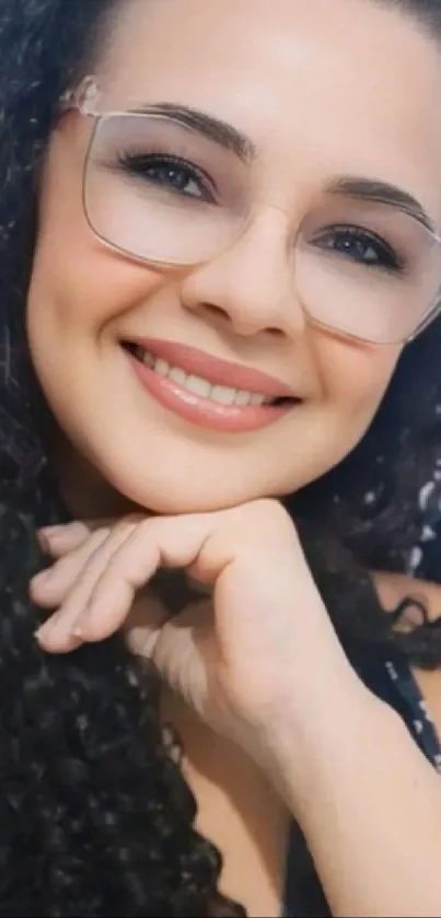 Smiling woman with curly hair and glasses.