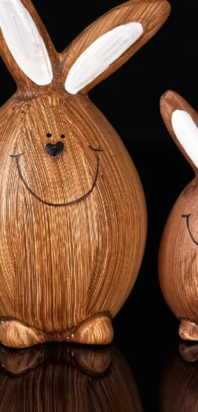 Two smiling wooden bunny figures on a dark background.