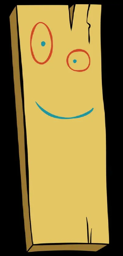 Smiling cartoon wooden plank against black background.