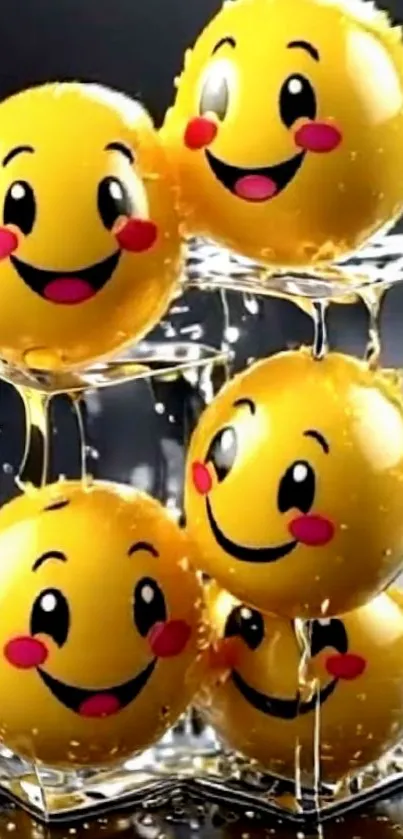 Vibrant yellow emoji balloons with smiles on a mobile wallpaper.