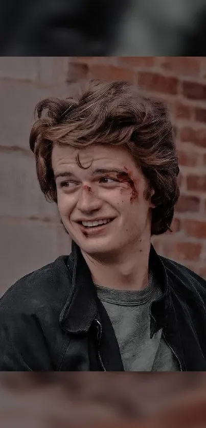 Young man smiling against a brick wall.